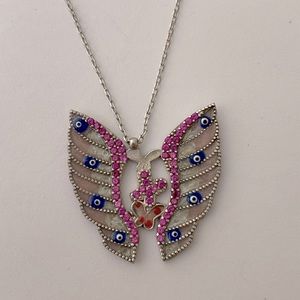 😇Angelwings butterfly evil eye cz silver necklace